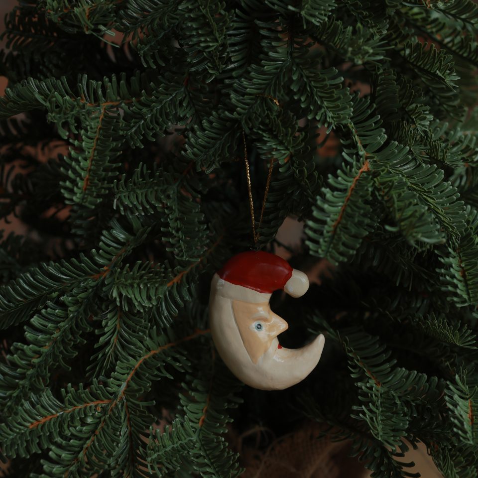 Wooden Santa Moon Ornament Set of 2